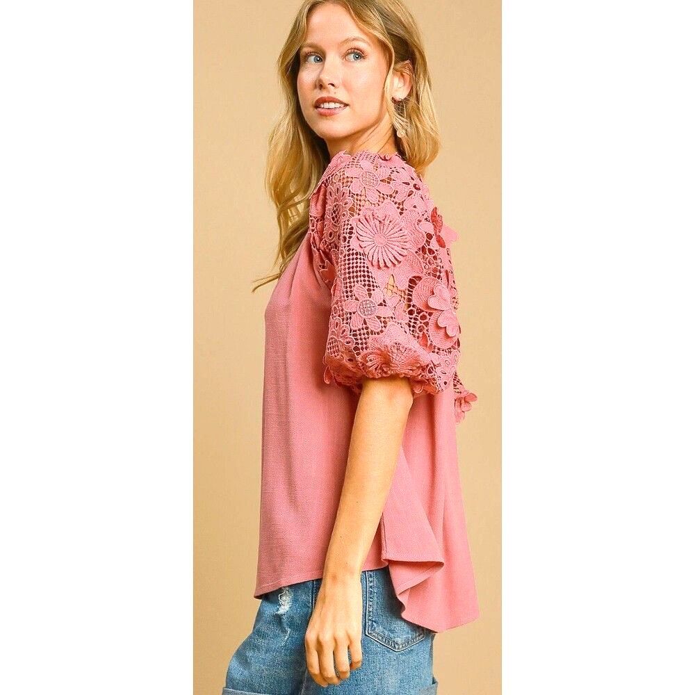 New Umgee L 12 14 16 Solid Rose 3D Floral Puff Sleeve Flowy Fit Linen Blend Top